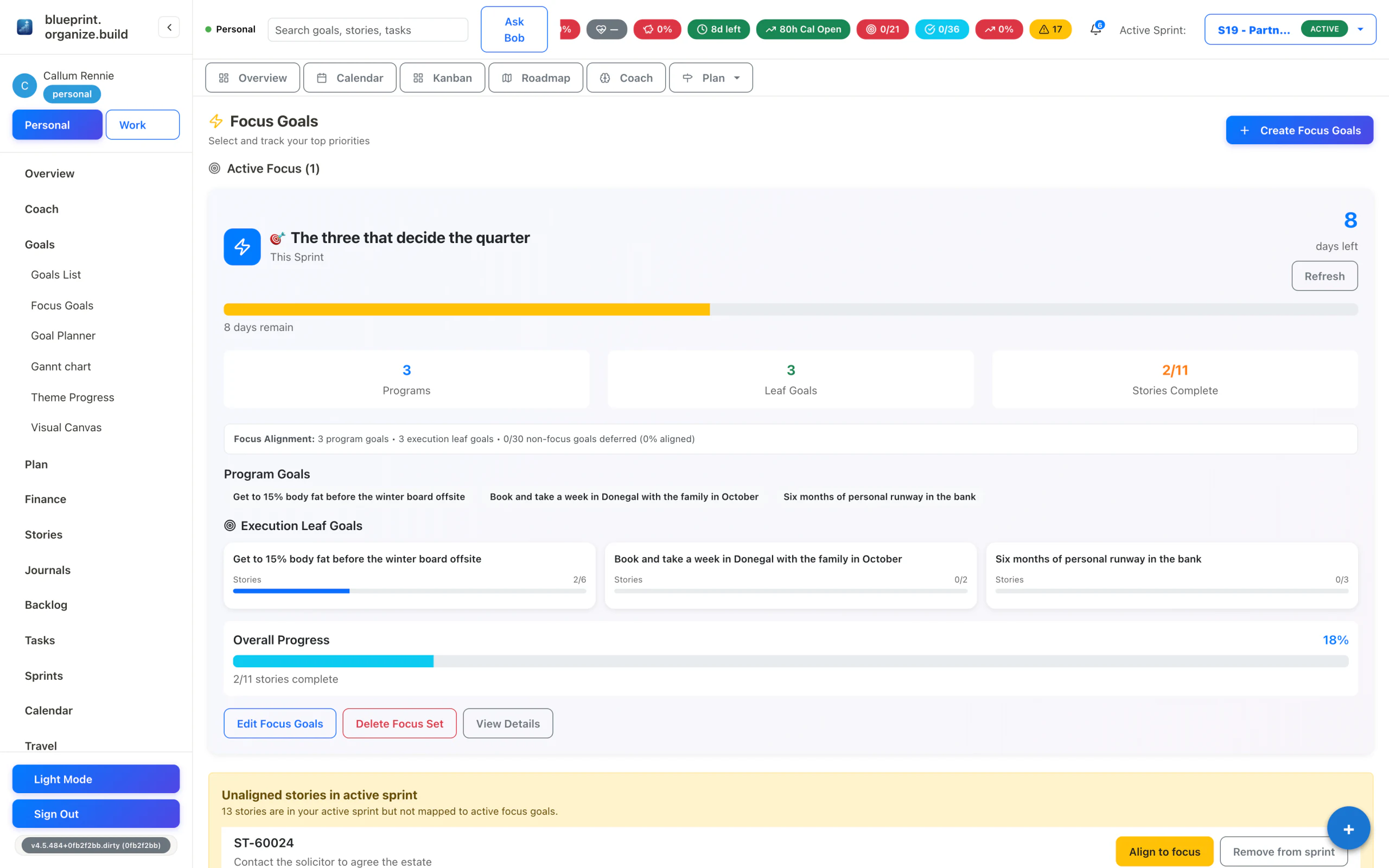 The Focus Goals screen: an active focus set with days remaining, program and execution goals, story completion per goal, and a list of sprint stories not aligned to any focus goal.