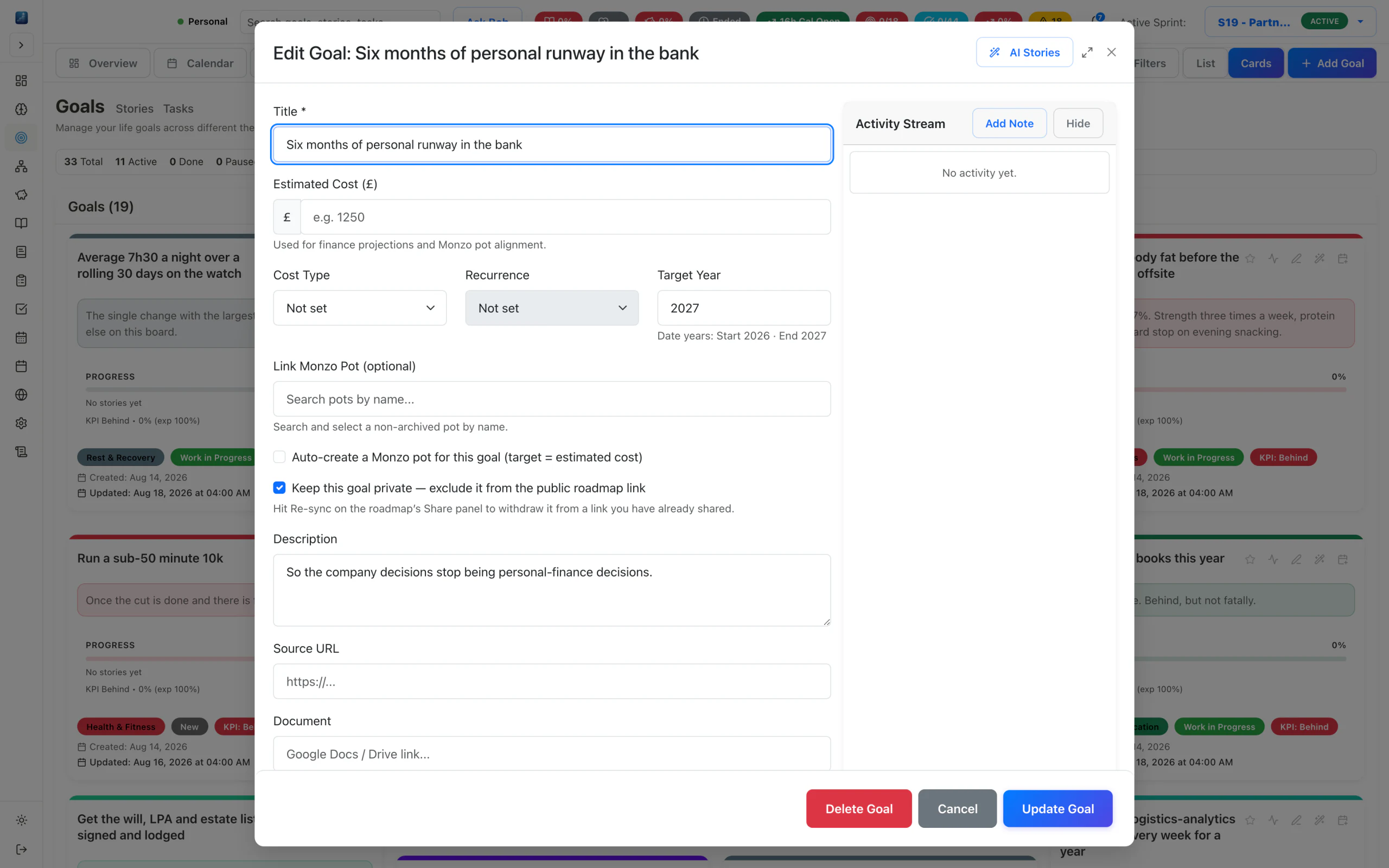 A goal being edited with the switch that keeps it private ticked, excluding it from the public roadmap link.