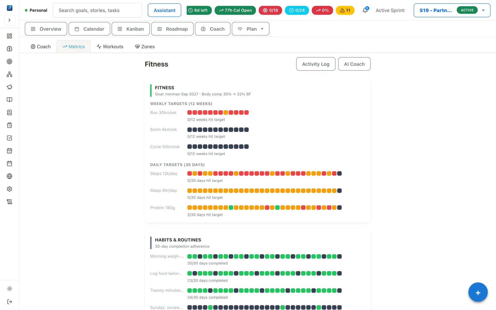 Health view with weight trend, sleep and recovery metrics.