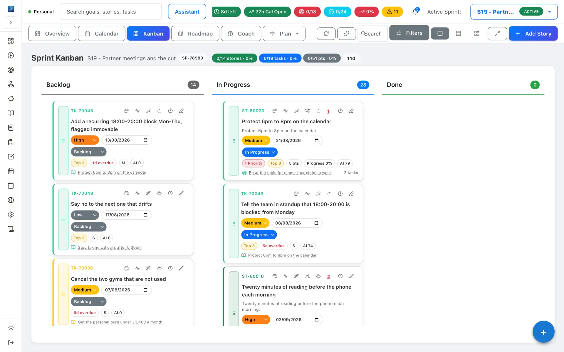 Sprint kanban board with Backlog, In Progress and Done columns holding stories drawn from the roadmap goals.