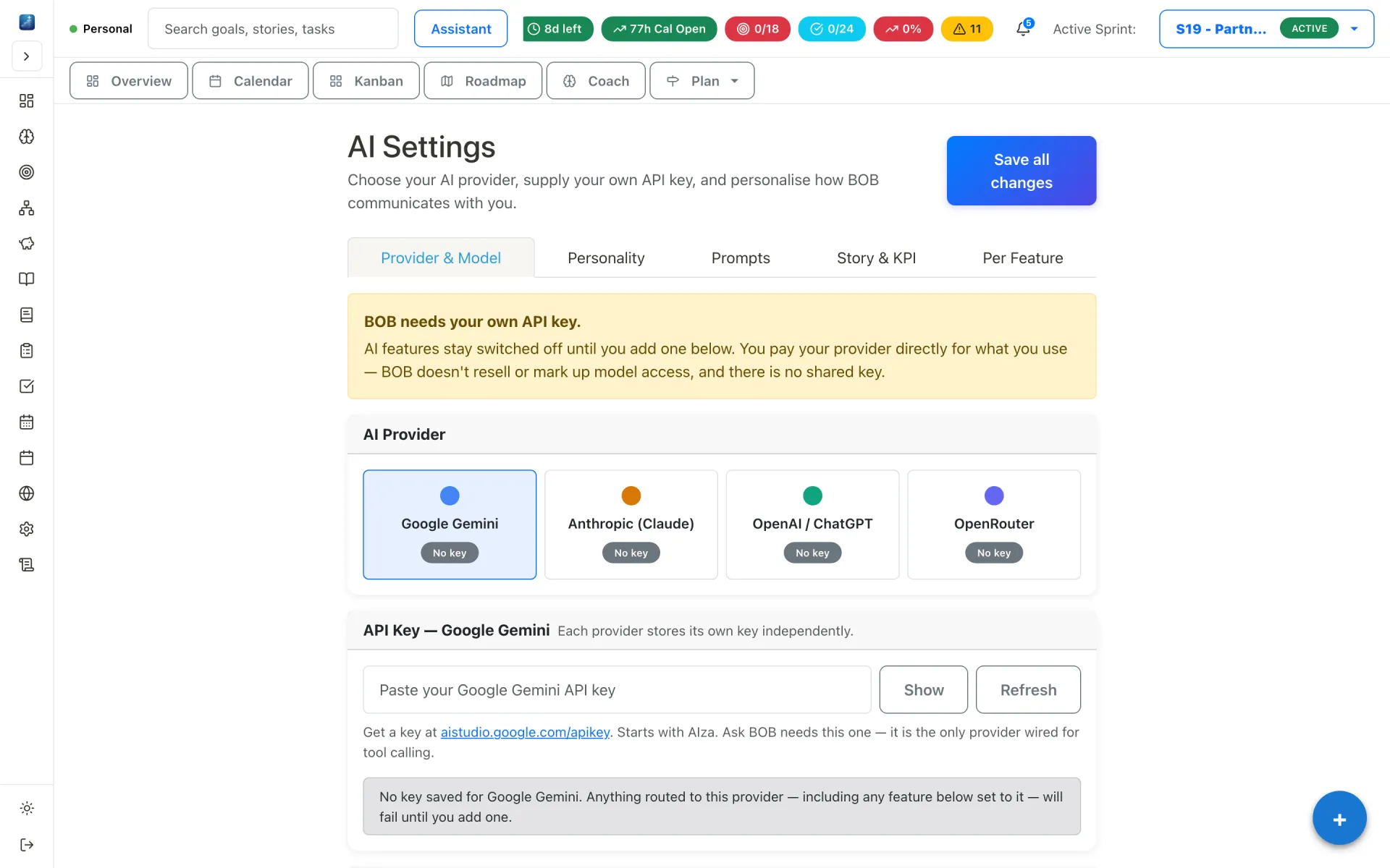 AI settings screen with provider selection, model list, API key field and a system prompt override box.