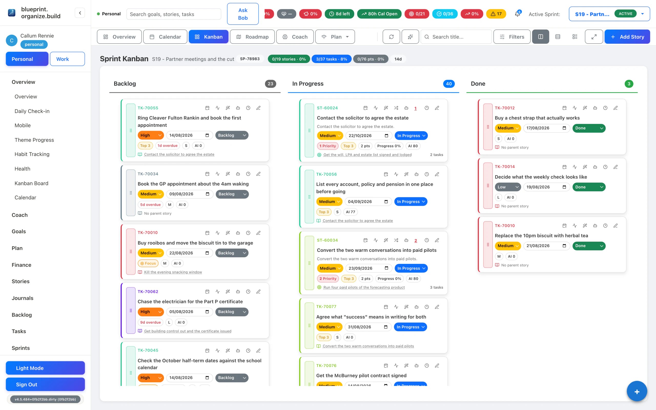 Sprint kanban board with the full navigation open on the left, and Backlog, In Progress and Done columns holding stories drawn from the roadmap goals.