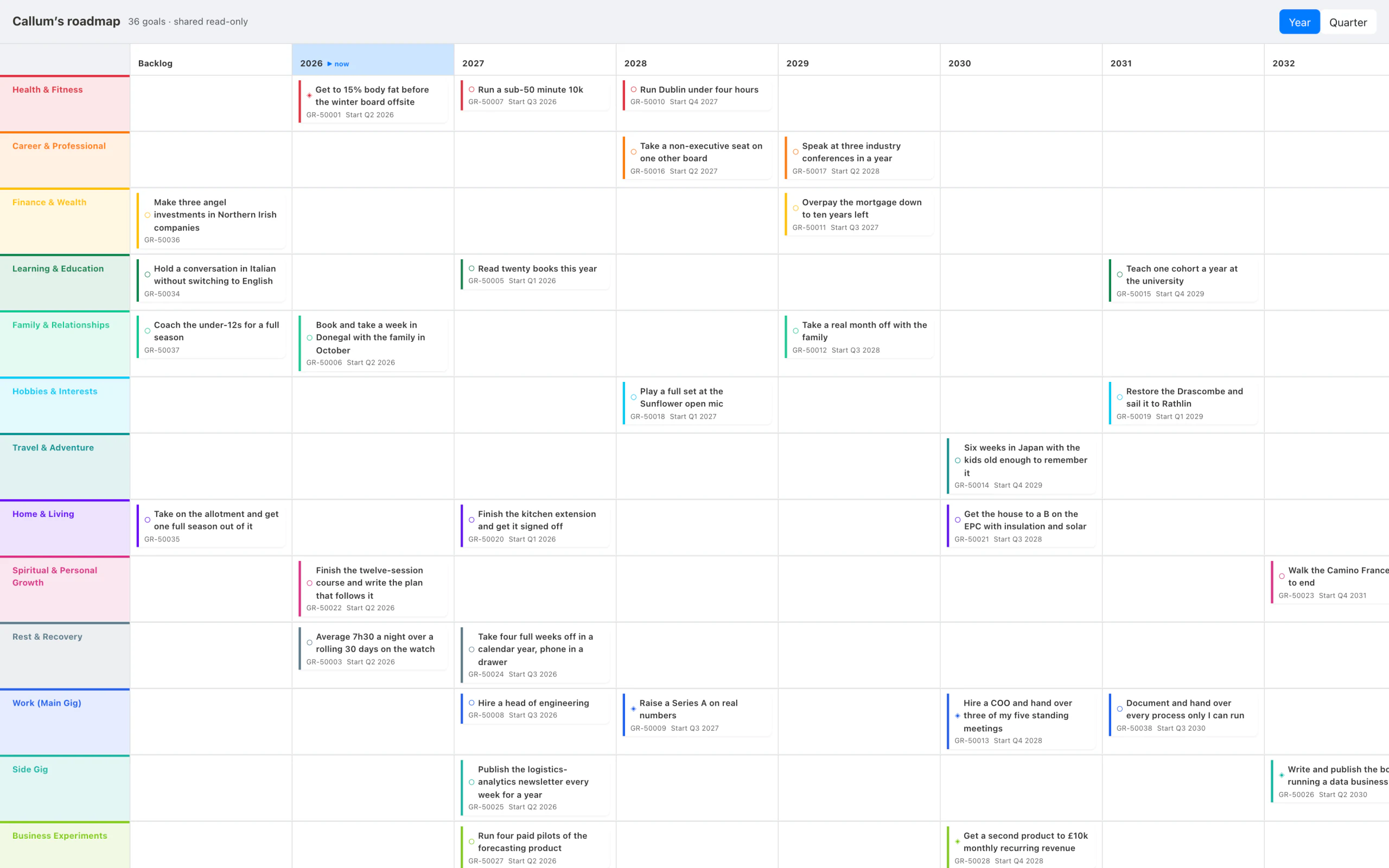 A shared roadmap open to anyone with the link, headed with the owner's first name, showing themes down the side and goals spread across nine years.