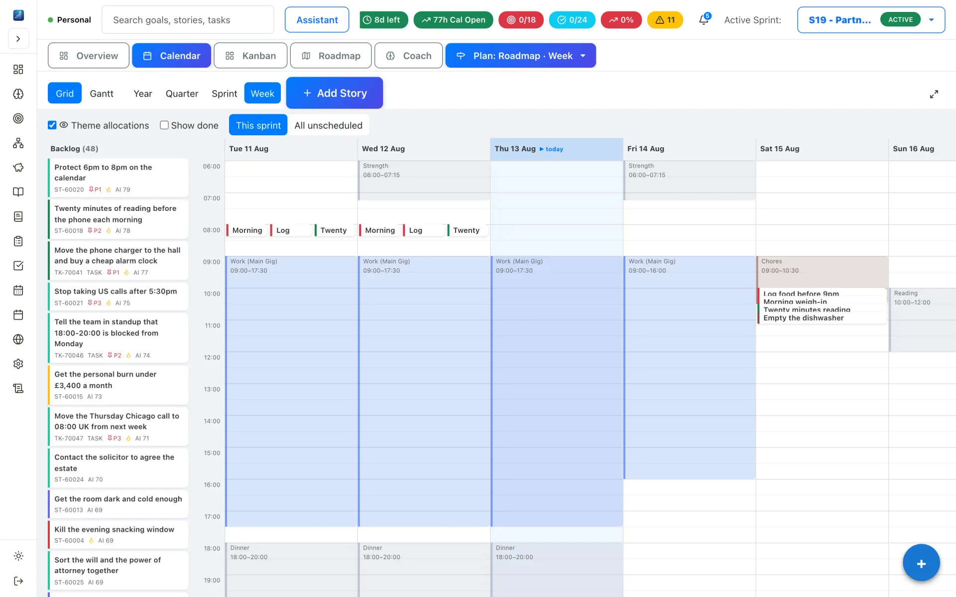 The same roadmap at week distance, down to the individual weeks each goal occupies.