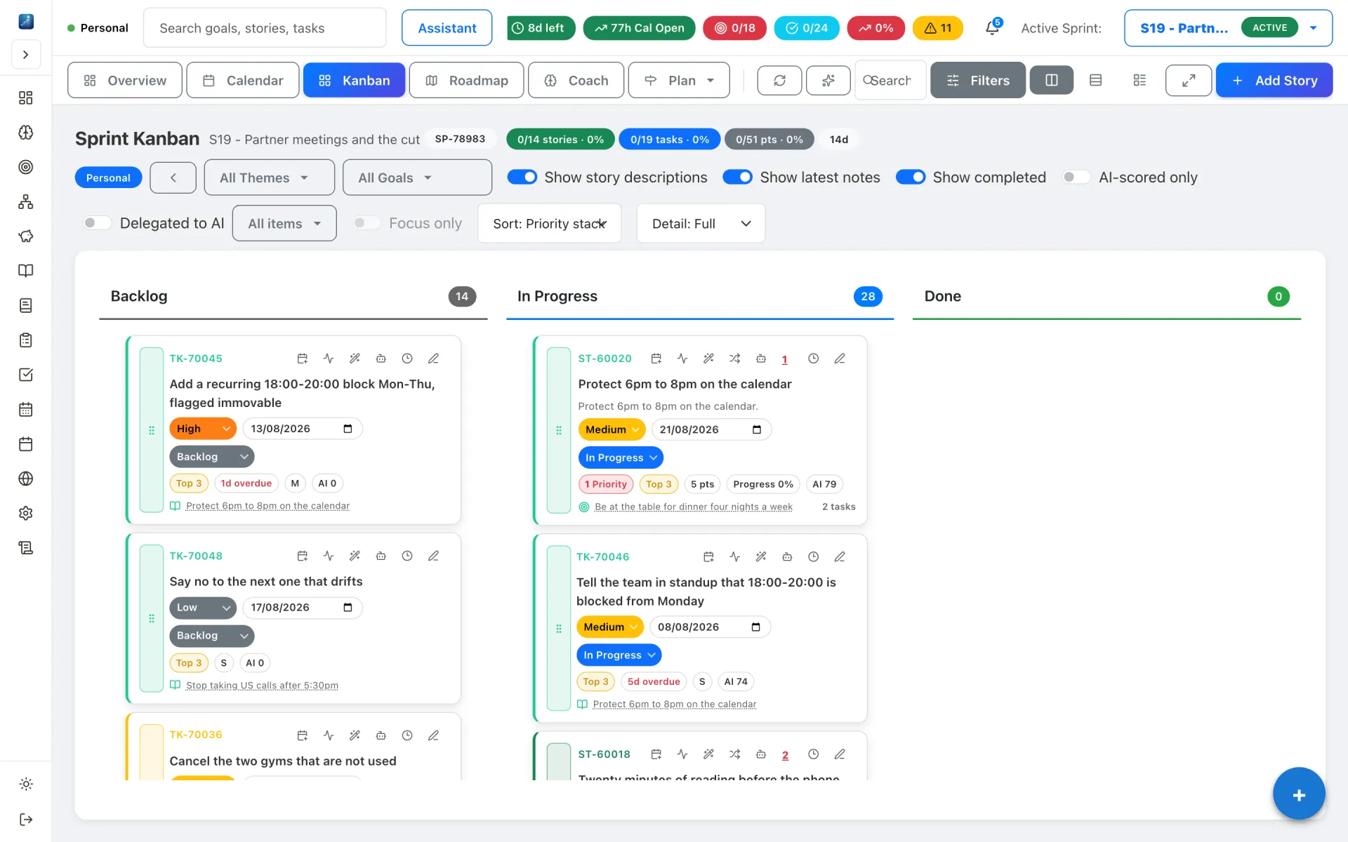 Sprint management view with burndown and story list.