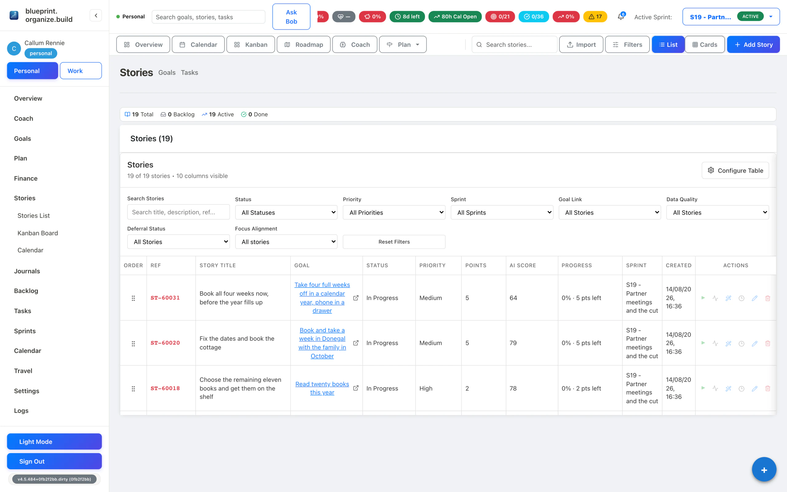 The stories table, each story carrying the goal it belongs to, its points, status and AI criticality score.