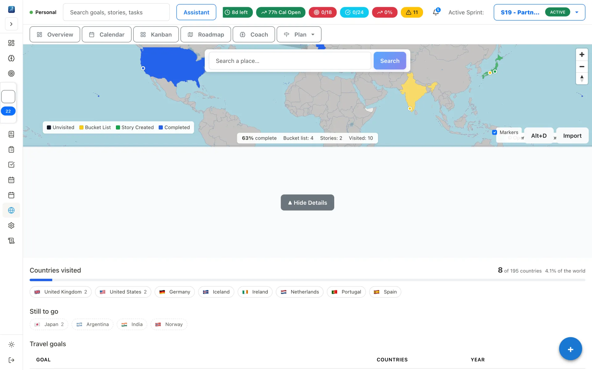 Travel map with pins for planned trips, each linked to the goal it belongs to.