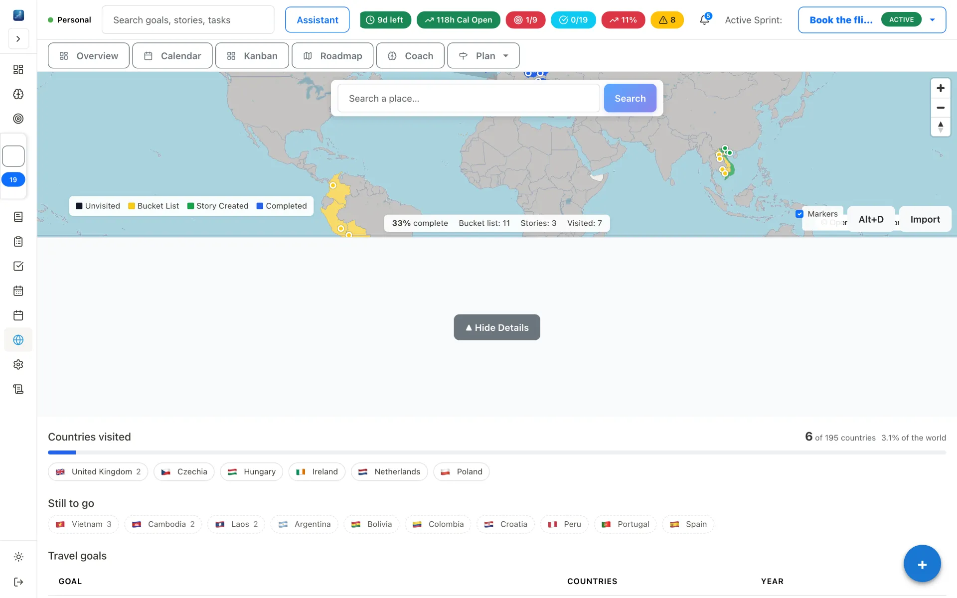 World map with places colour-coded as visited, bucket list or story created, plus progress by continent and a list of all places.